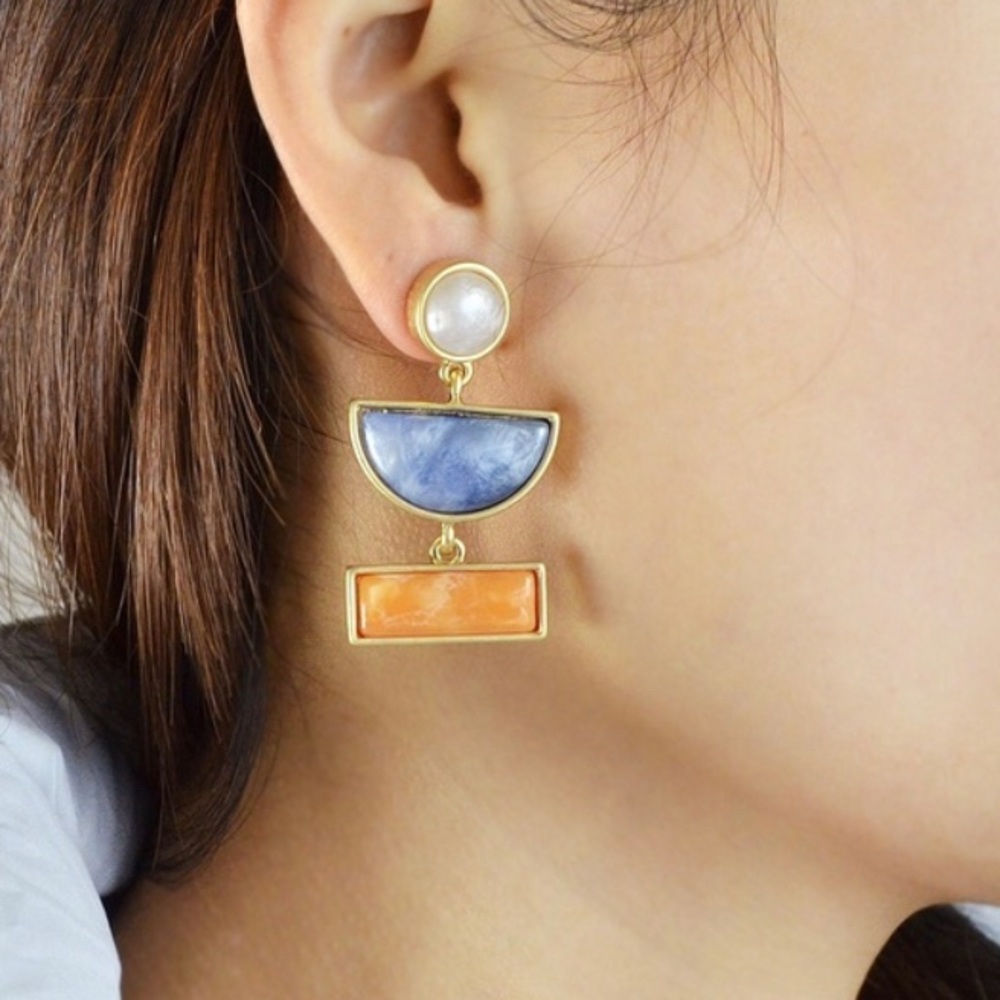 Statement earrings - Geometric blue, gold, pearl